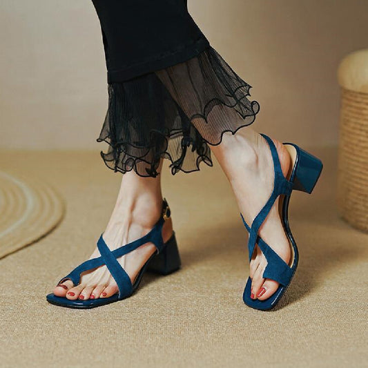 Chunky Heel Cross Strap Toe Ring Sandals Women